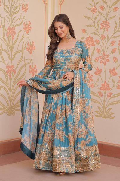 Firozi Blue Ethnic Gown Ethnic Lehenga