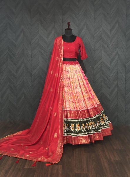 Peach Dola silk patola Designer choice printed lehenga