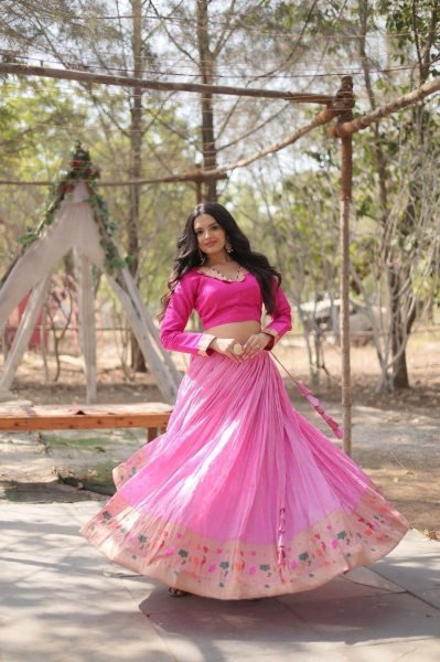  Pink Dayble Viscose Kalamkari Jari Weaving Lehenga Bridal lehenga