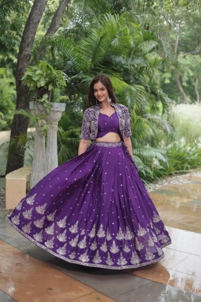 Purple Blue pure chinnon silk kalidar Lehenga choli set