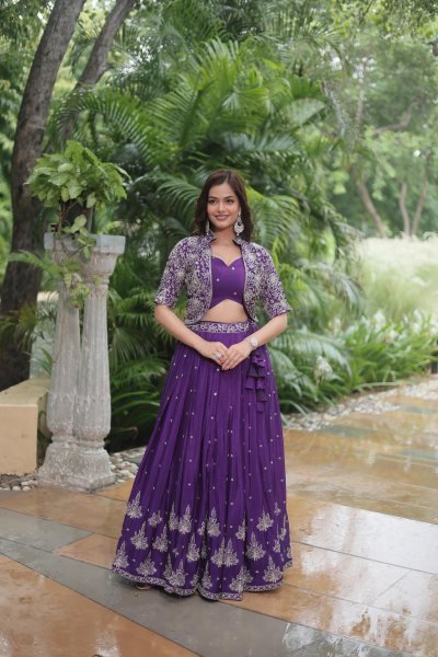 Purple Blue pure chinnon silk kalidar Lehenga choli set Bridal lehenga