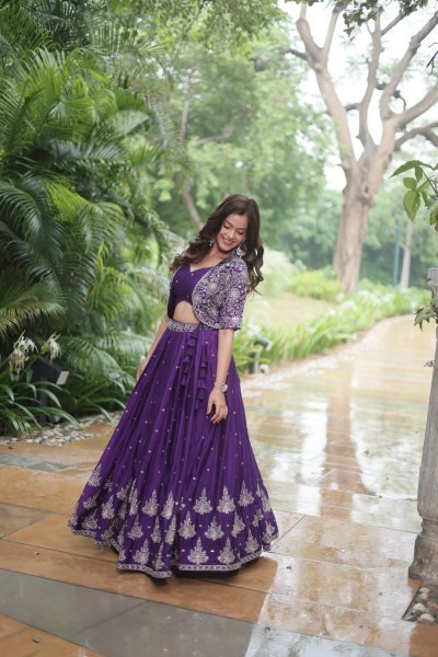 Purple Blue pure chinnon silk kalidar Lehenga choli set Bridal lehenga