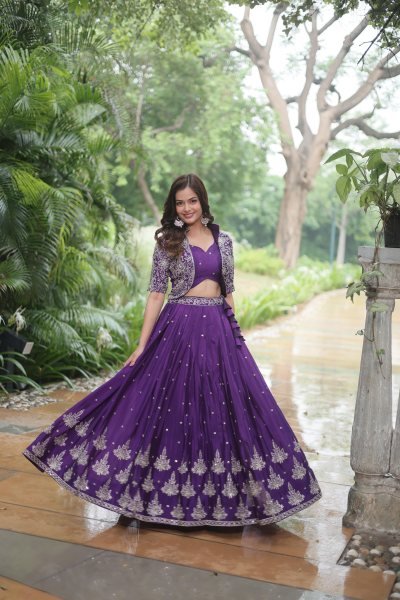 Purple Blue pure chinnon silk kalidar Lehenga choli set Bridal lehenga