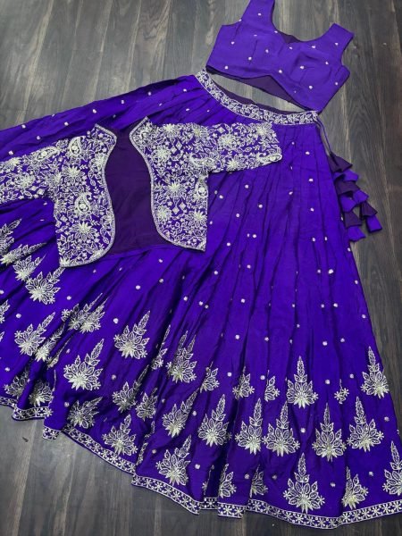 Purple Blue pure chinnon silk kalidar Lehenga choli set Bridal lehenga